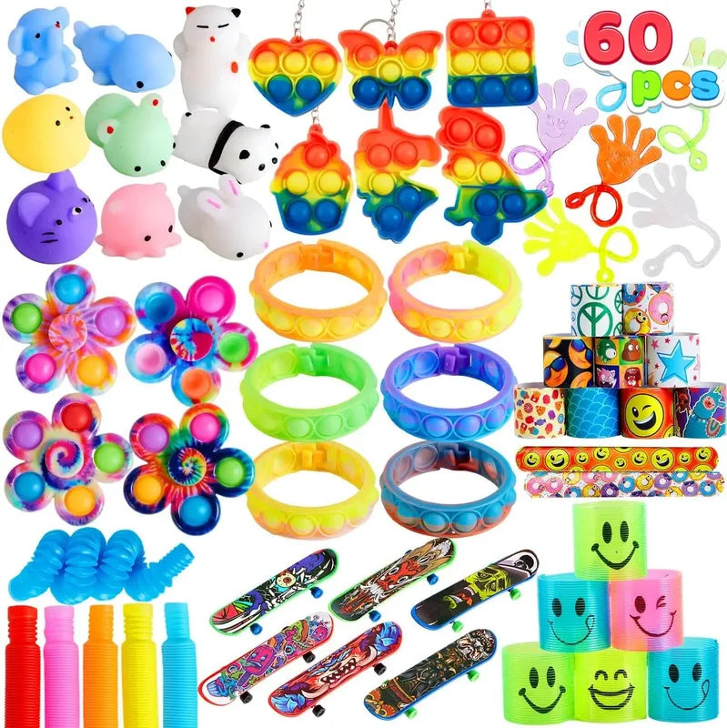 Sensory Fidget Toys Set for Kids and Adults - Stress Relief and Autism Toys, Party Favors, Classroom Prizes, 60 Pieces