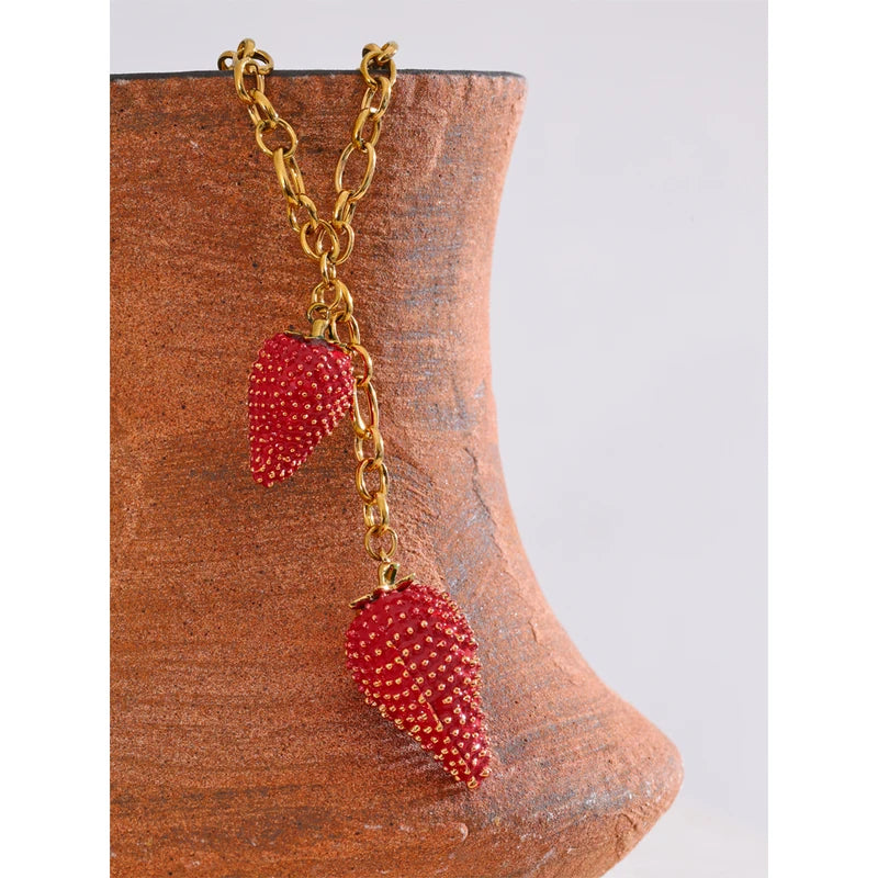 Waterproof Red Strawberry Charm Necklace for Women Stainless Steel Trend Jewelry