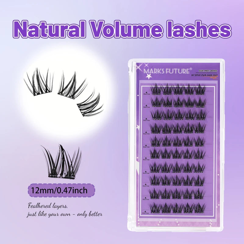 Pre-Glued Self-Adhesive Eyelash Clusters - Cat Eye Style 12mm C Curl, No Residue, Beginner Friendly