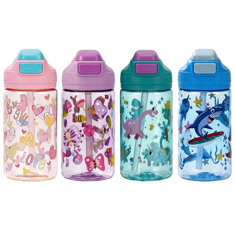 410ml Kids Dinosaur Water Bottle with Silicone Straw Leakproof Summer Drinking Cup