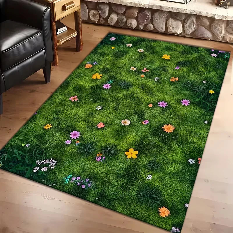 Realistic Garden Style Lawn & Wild Daisy Print Rug Non Slip Indoor Outdoor Mat
