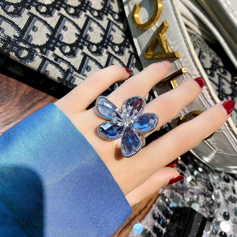 Luxury Crystal Flower Open Ring for Women Trendy Statement Jewelry Summer Holiday