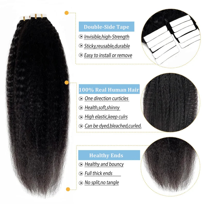 Kinky Straight Tape-in Hair Extensions 100% Human Hair Brazilian Natural Black