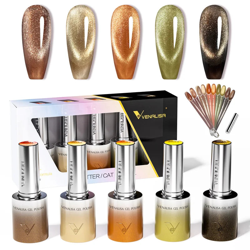 Nail Gel Polish Kit with Soft Round Brush - HEMA & TPO Free, Long-Lasting Sparkle Cat Eye Colors