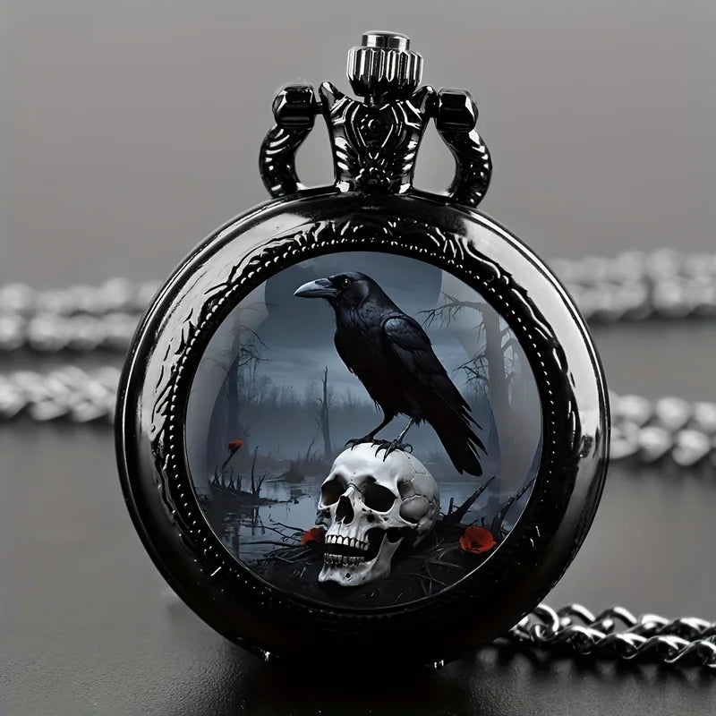 Vintage Gothic Crow & Skull Pocket Watch with Black Chain - Halloween Gift