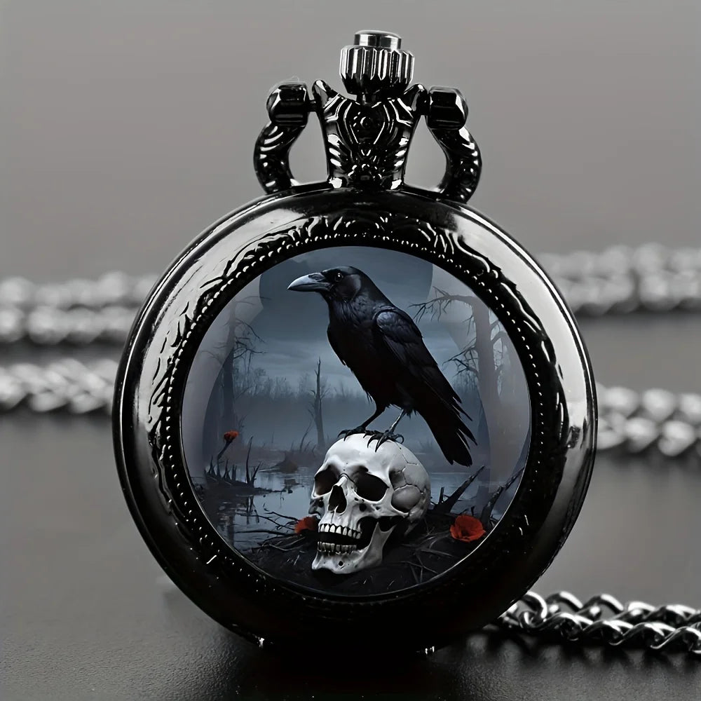 Vintage Gothic Crow & Skull Pocket Watch with Black Chain - Halloween Gift