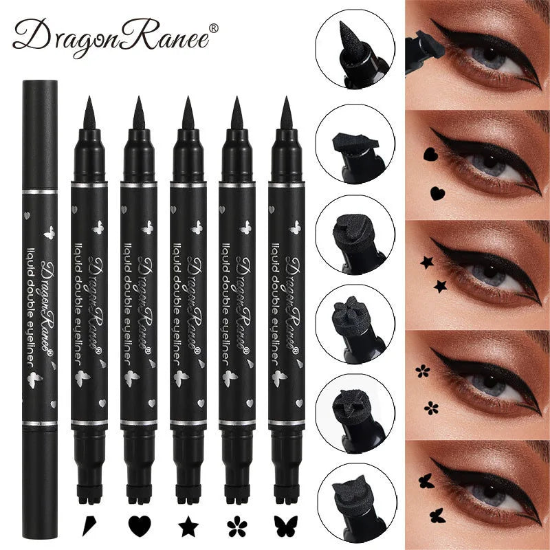 Double-Ended Waterproof Eyeliner Pen with Heart & Star Stamp - Quick-Dry Liquid Eye Makeup