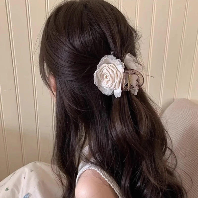Elegant Rose Flower Hair Claw for Women Girls Floral Hair Accessory - 8cm