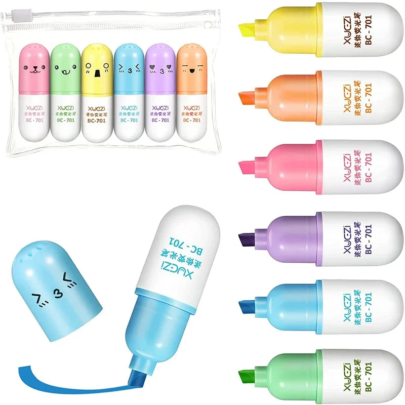6-Pack Colorful Mini Pill Highlighter Pen Set - Cute Smiling Face Design for School & Office