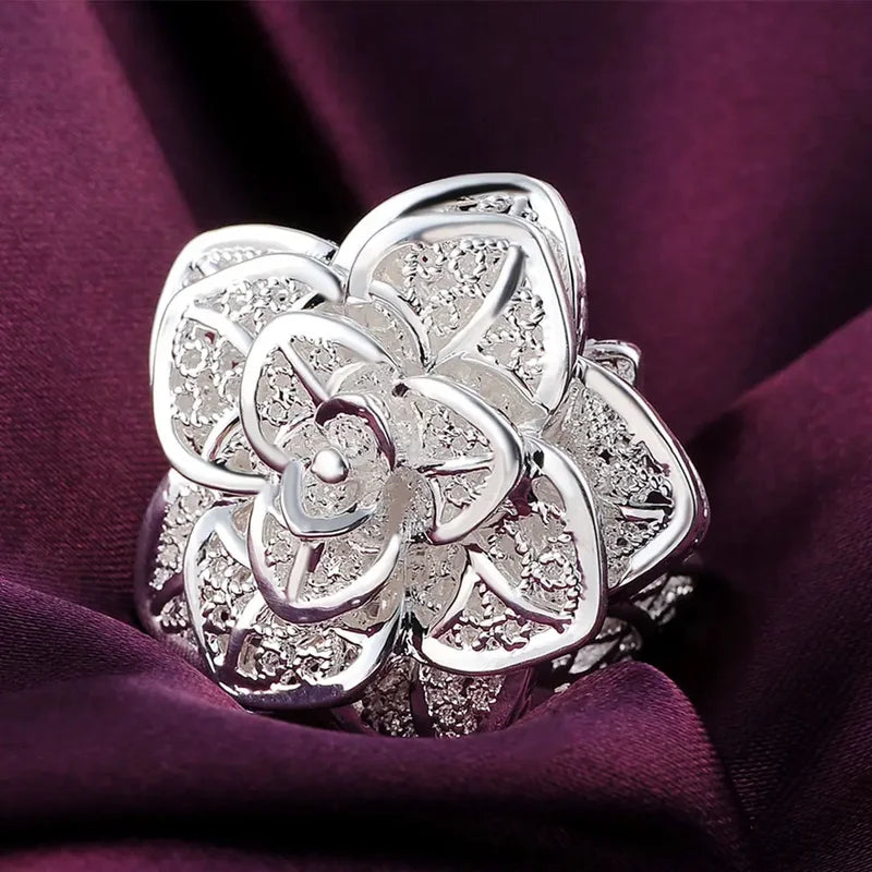 Adjustable Sterling Silver Flower Ring for Women Jewelry Gift