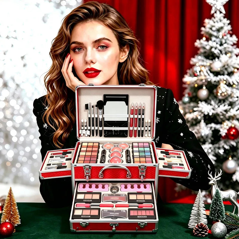 All-in-One Makeup Set with 106 Shades & Tools - Gift Box for Beginners & Teens (Red)