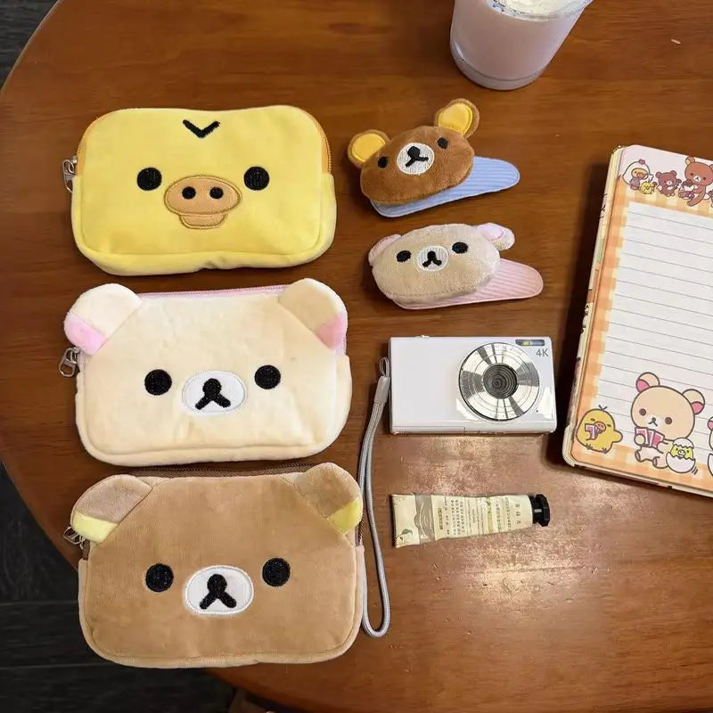 Cute Rilakkuma Coin Purse and Makeup Organizer Bag - Kawaii Plush Storage for Girls