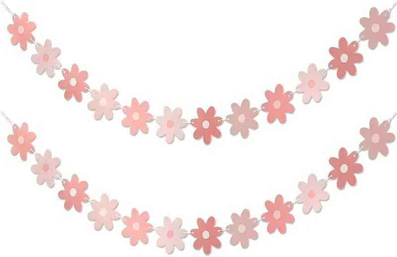 Pink Daisy Party Decor Garland Banners - Spring Boho Flower Cutouts & Flags