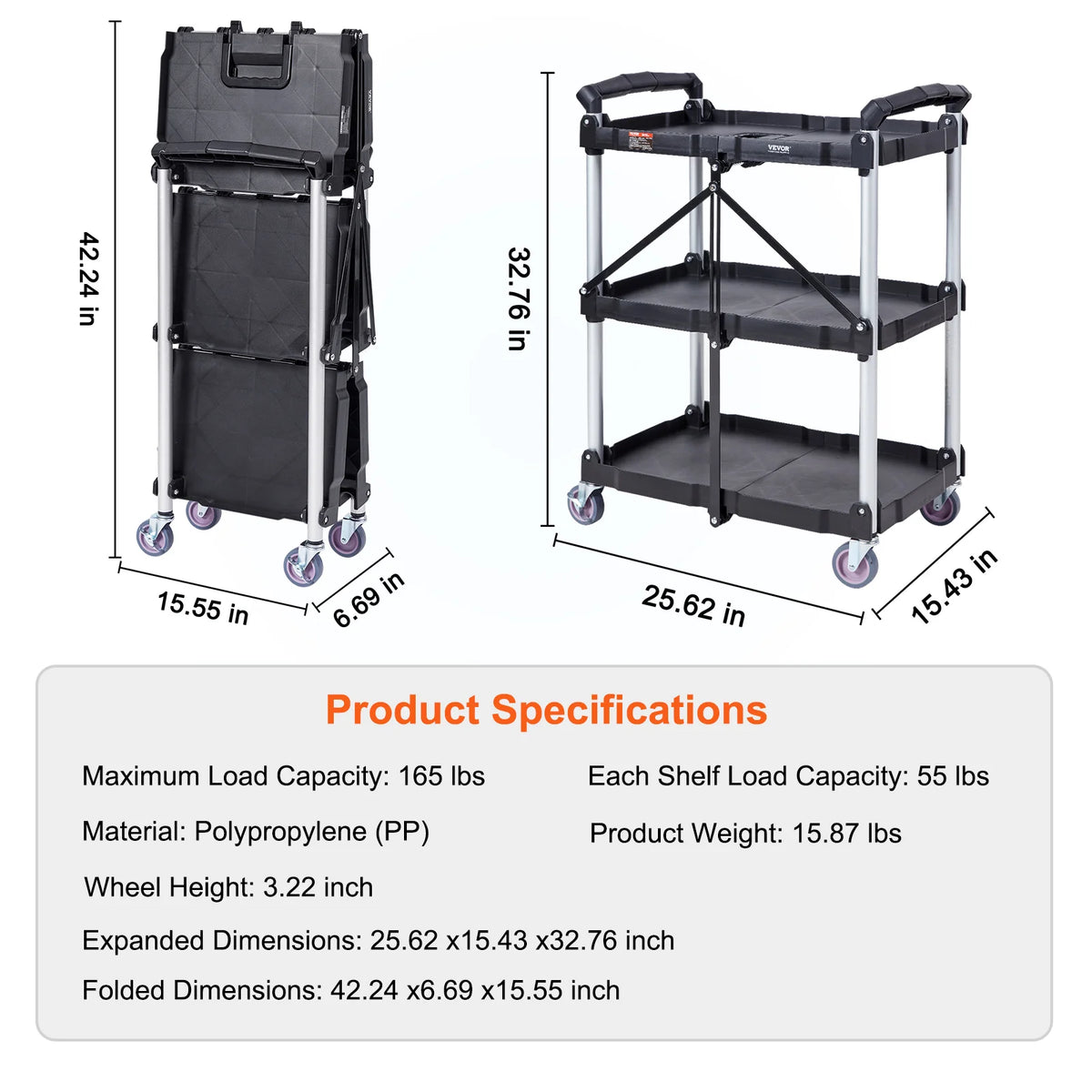 3-Tier Folding Utility Cart with Lockable Swivel Wheels - Portable Storage Shelf