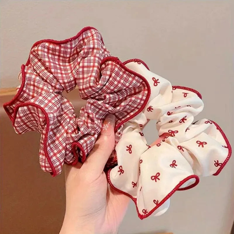 2/3pcs High End Red Cute Dot Plaid Scrunchies for Women & Girls Hair Ties
