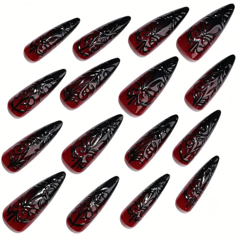Halloween Long Pointed Fake Nails with Blood-Red Spider Web Design - 24Pcs