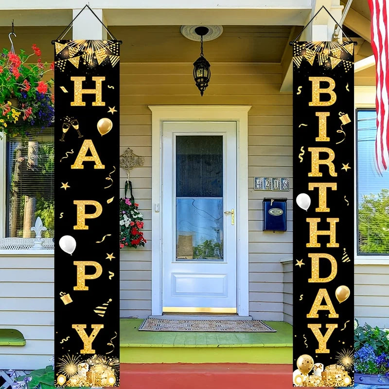 Outdoor Happy Birthday Banner Set - Black & Gold Wall Door Porch Decoration
