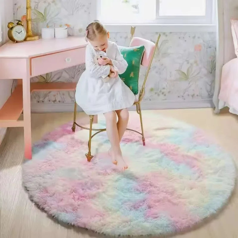 Plush Round Rug for Girls Bedroom and Living Room - Soft Shaggy Carpet in Pink, White, Lavender, Multi - Multiple Sizes