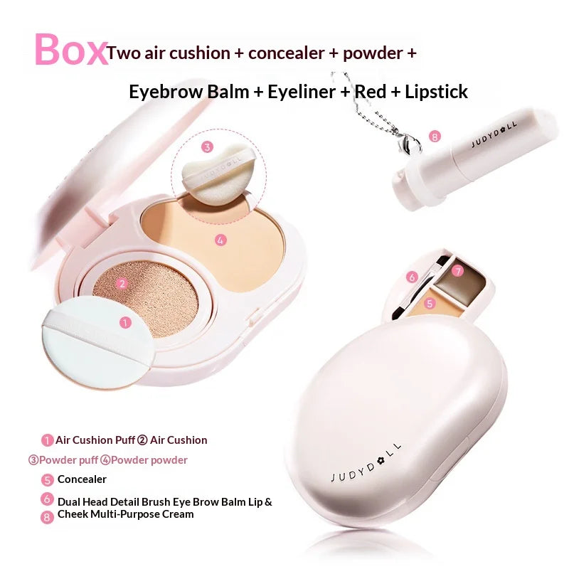 Multifunctional Facial Powder Compact with Lipstick and Eyebrow Cosmetics