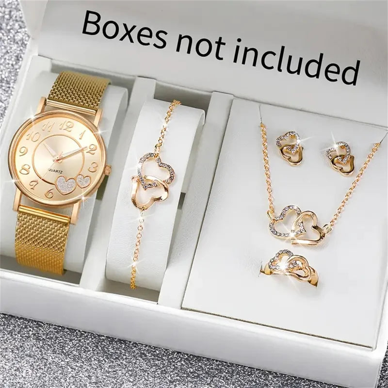 Heart Women's Watch Set with Butterfly Jewelry - Golden Quartz, Resin Band, Analog