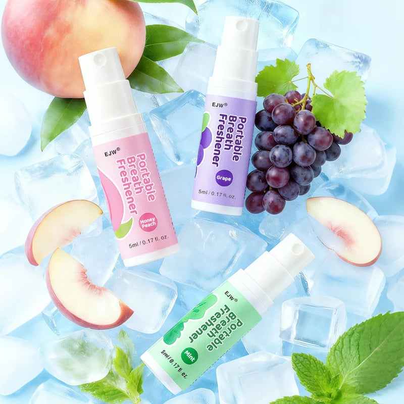 Portable Alcohol-Free Breath Spray with Mint, Peach & Grape Flavors - Instant Fresh Breath