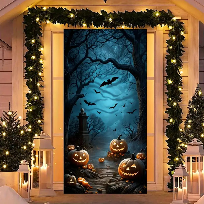 Halloween Door Banner Decorations Horror Night Cemetery Pumpkin Scene