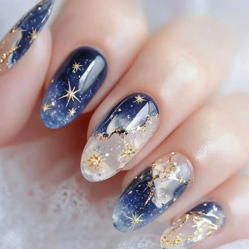 24Pcs Fake Nails Set with Gold Star Pattern - Press On Almond Shape Manicure