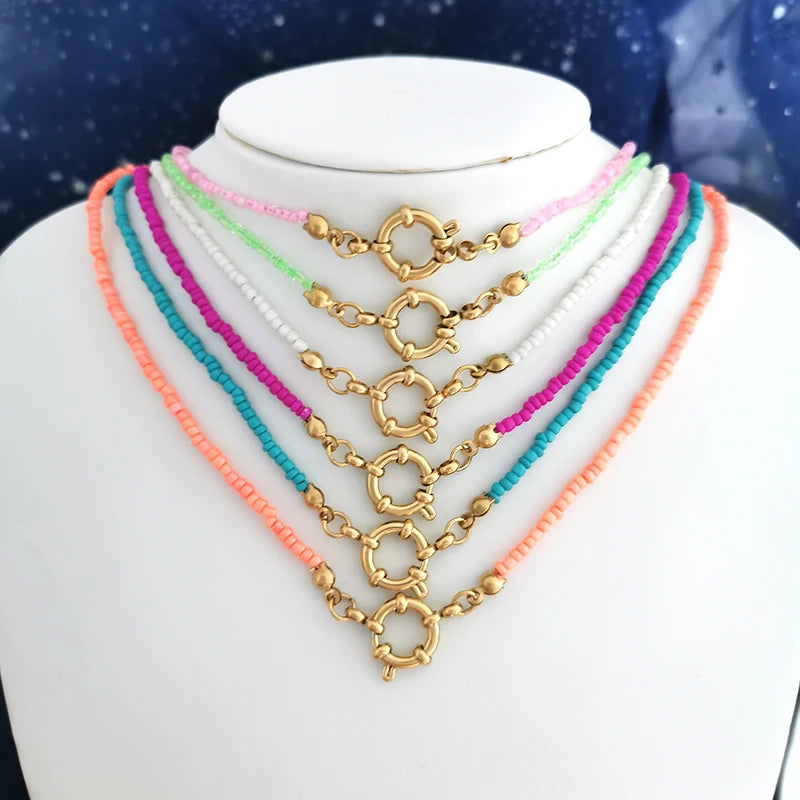 Imitation Pearl Necklace Women Choker Rainbow Beaded Chain Gold Steel Clasp