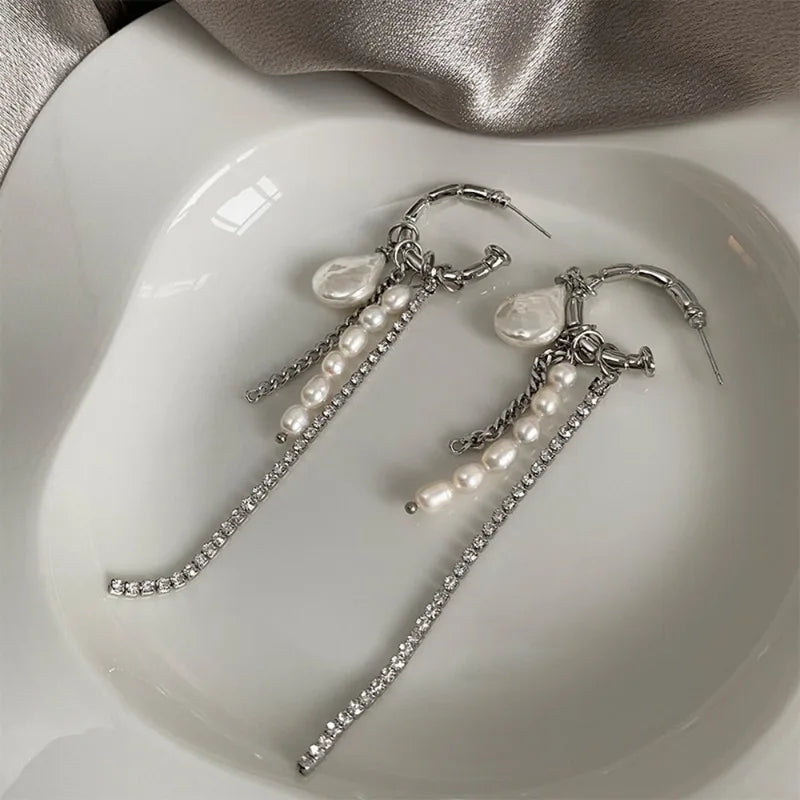 Women’s Zircon Chain Pearl Dangle Earrings - Baroque Style Jewelry Gift