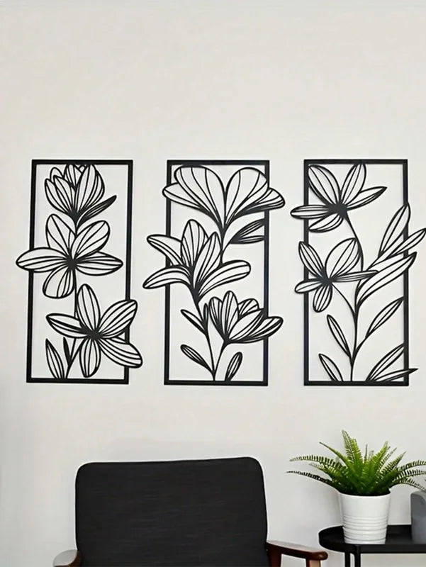 Iron Wall Art Decor 3-Piece Floral Metal Murals for Living Room Bedroom Home