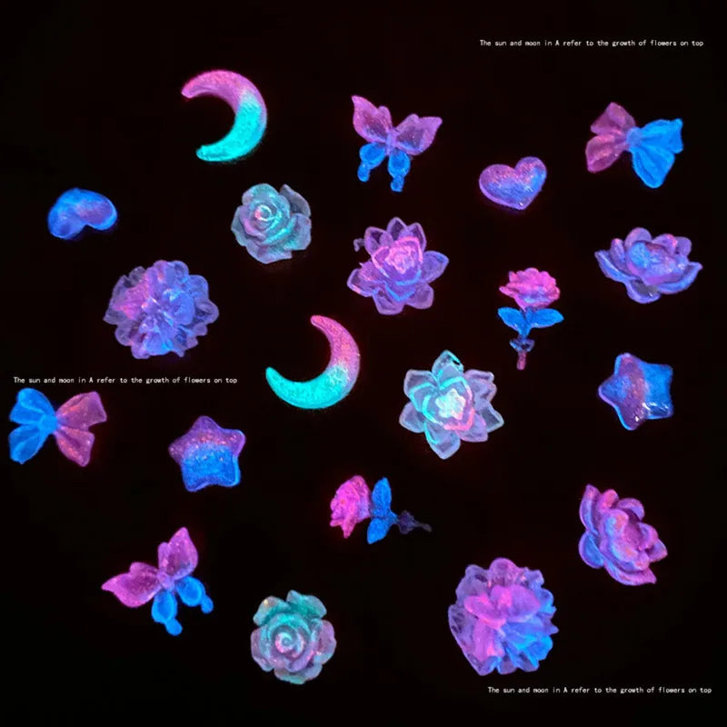 Luminous Nail Art Charms 50pcs Mix Aurora Flower Moon Star Heart Butterfly DIY Decorations