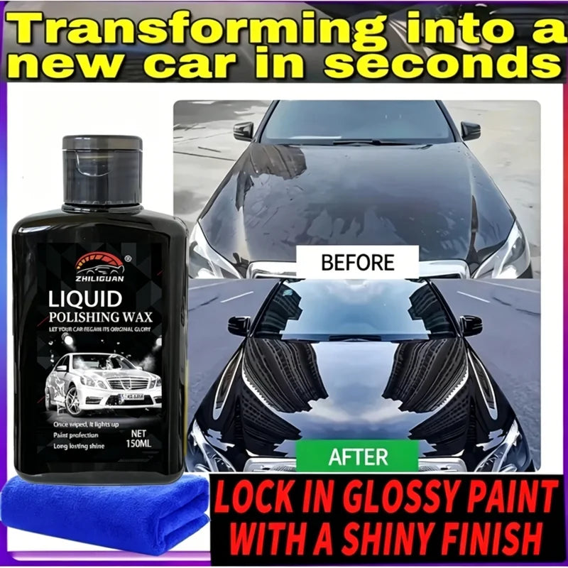 150ml Car Liquid Polishing Wax with Microfiber Towel - Long Lasting Paint Shine
