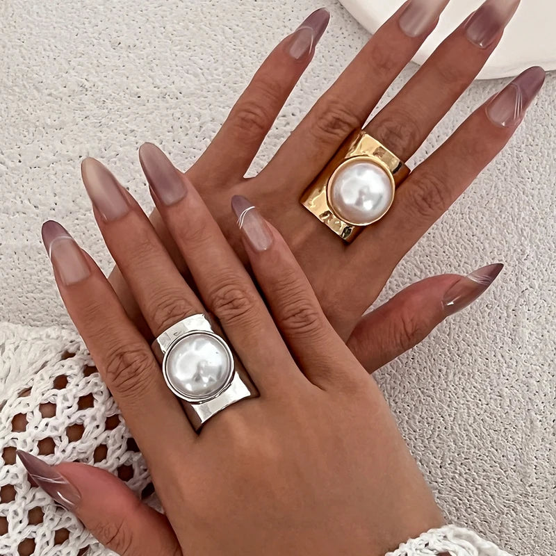 Adjustable Metal Ring for Women & Men with Imitation Pearl Geometric Design