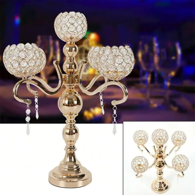 Gold Plated 5-Arm Crystal Candle Holder Tabletop Candelabra for Wedding & Home Decor