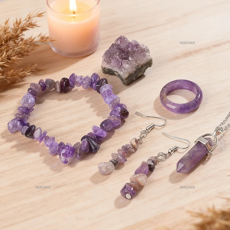 Natural Amethyst Jewelry Set - Bracelet Necklace Ring Earrings Healing Crystals