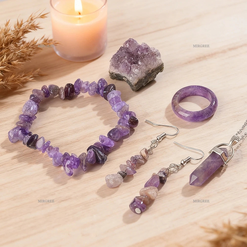 Natural Amethyst Jewelry Set - Bracelet Necklace Ring Earrings Healing Crystals