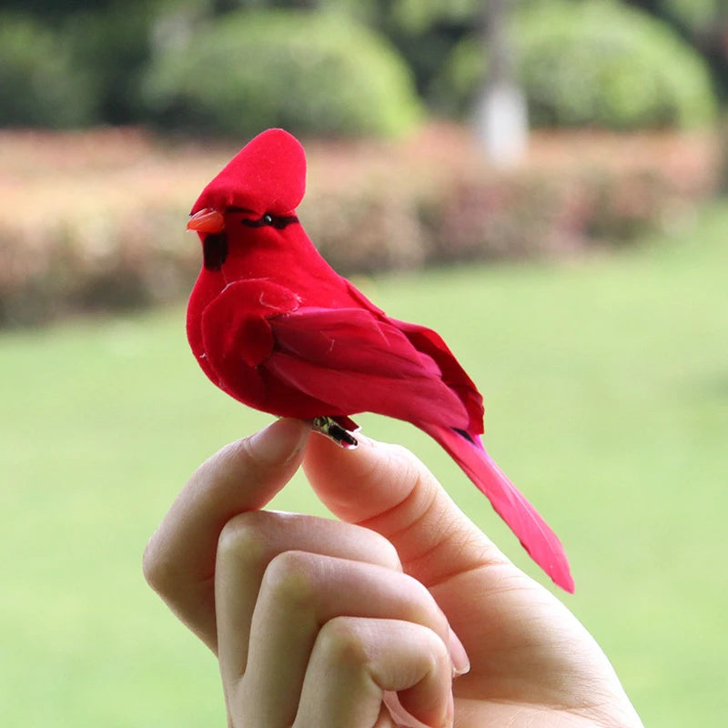 Red Feather Velvet Bird Decor - Artificial Ornamental Bird for DIY, Party & Home