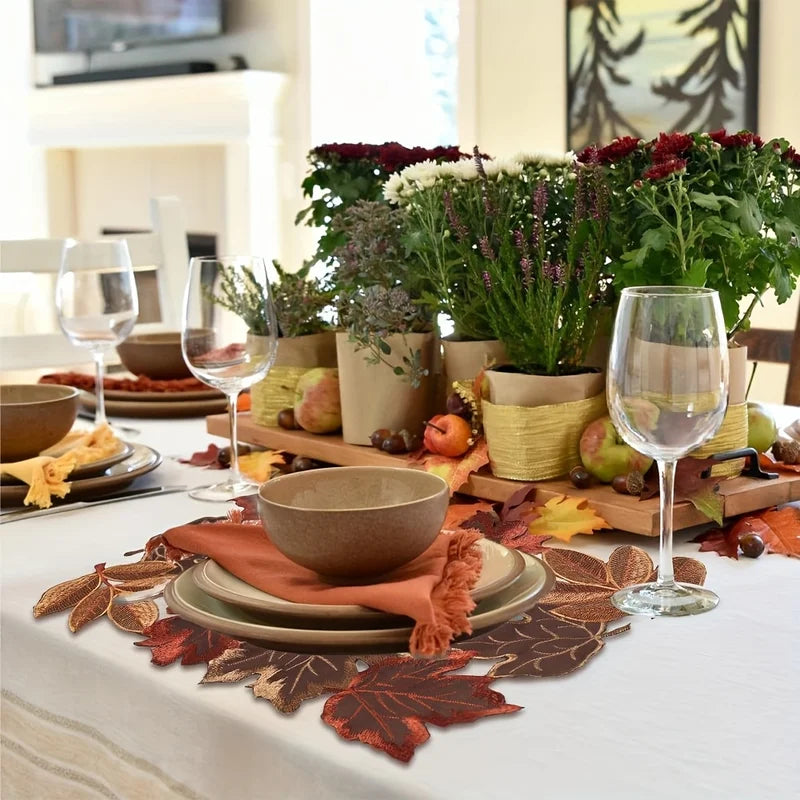 Autumn Maple Leaf Embroidered Table Runner with Flocked Design - Rustic Farmhouse Thanksgiving Decor