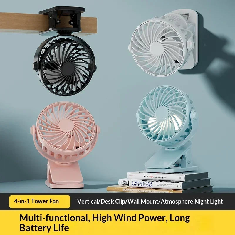 Mini 720° Rotatable Clip Fan with Night Light, USB Rechargeable Portable Cooler