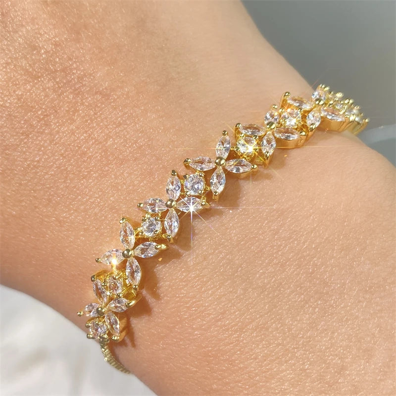 Adjustable Zircon Flower Charm Bracelet for Women - Silver, Gold & Green Variants