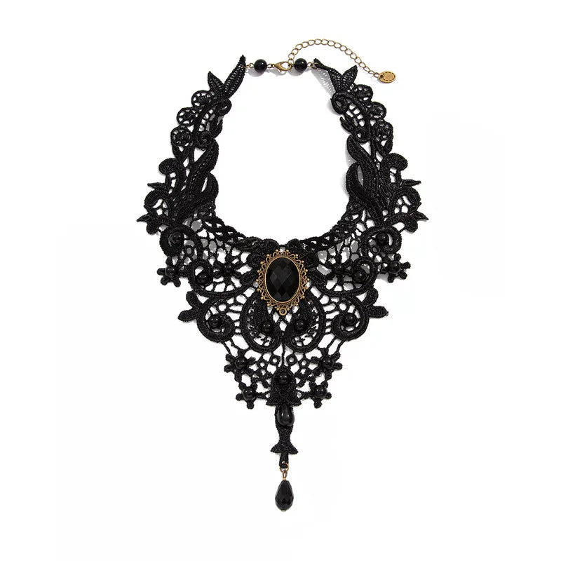 Vintage Black Lace Bead Necklace Gothic Steampunk Style Pendant Collar