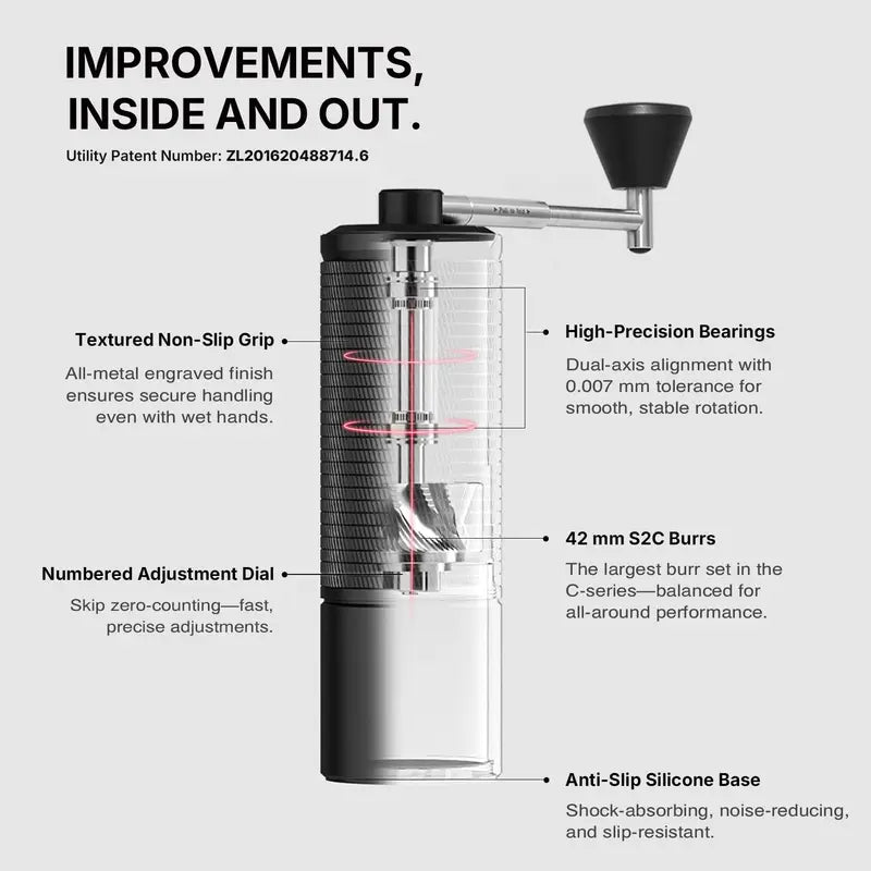 Manual Coffee Grinder with Conical Burrs, Precise Adjustment, Portable Hand Mill