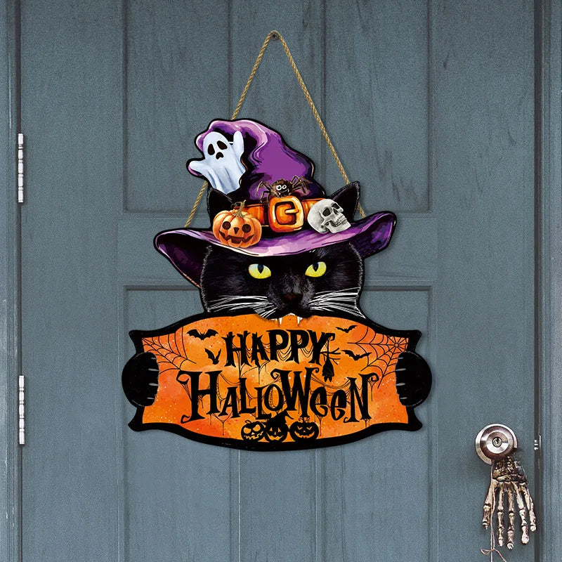 Halloween Pumpkin & Monster Face Wooden Sign Rope Hanger Porch Wall Decor
