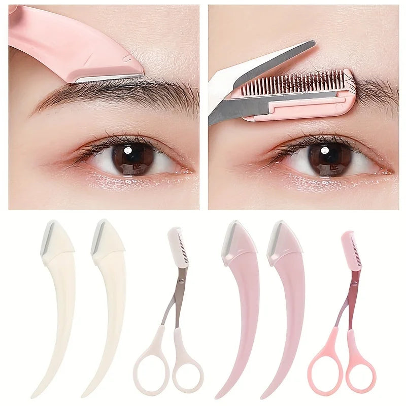 3-Piece Eyebrow Trimmer Set with Scissors and Comb - Stainless Steel Makeup Grooming Tools