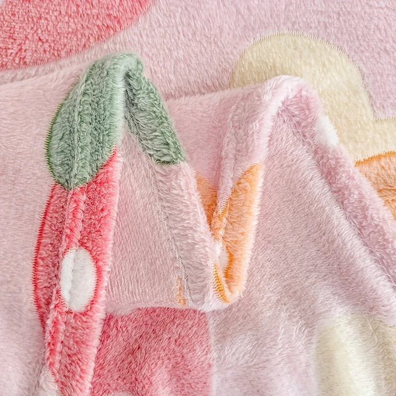 All-Season Flannel Throw Blanket with Pink Strawberry Flower Design - Soft & Washable