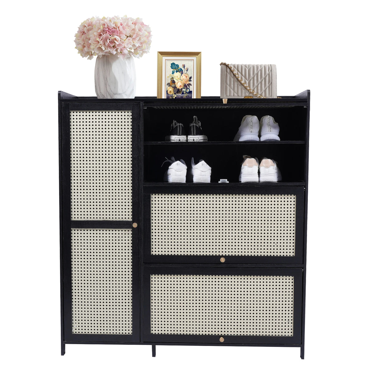 Bamboo Shoe Cabinet with Mesh Ventilation and Space Saving Doors - Entryway Organizer