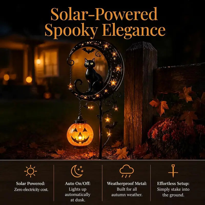 Solar Halloween Black Cat & Pumpkin Moon Garden Stake Light Waterproof Outdoor Decor