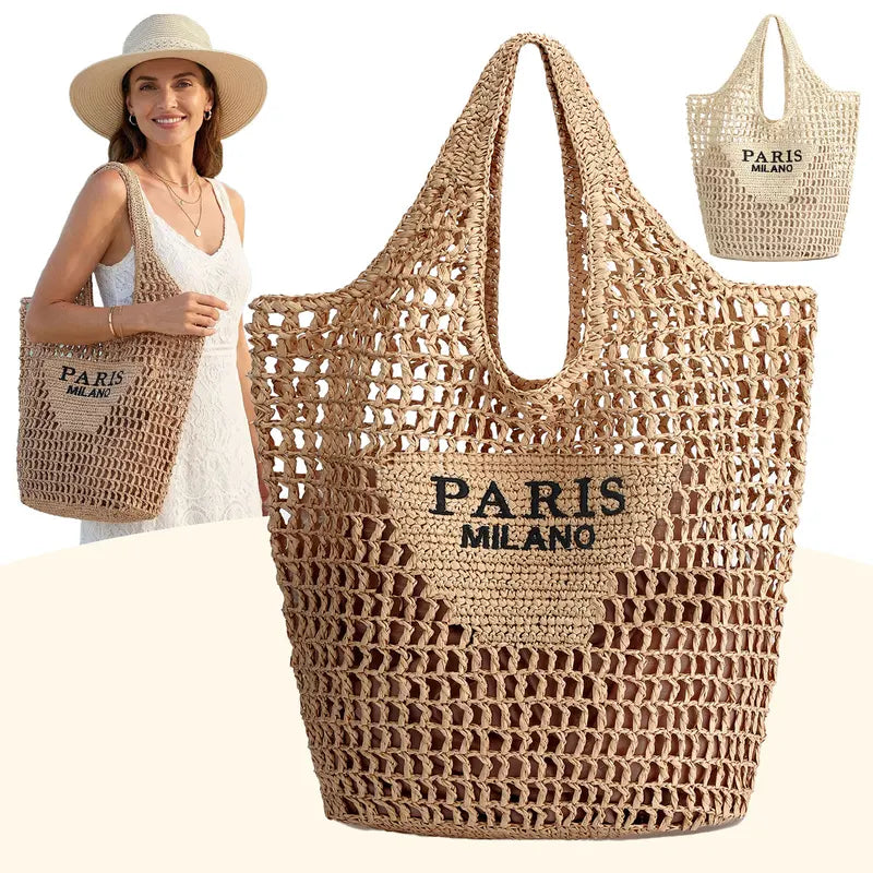 Women Straw Beach Bag Handmade Woven Tote Large Capacity Summer Shoulder Bag