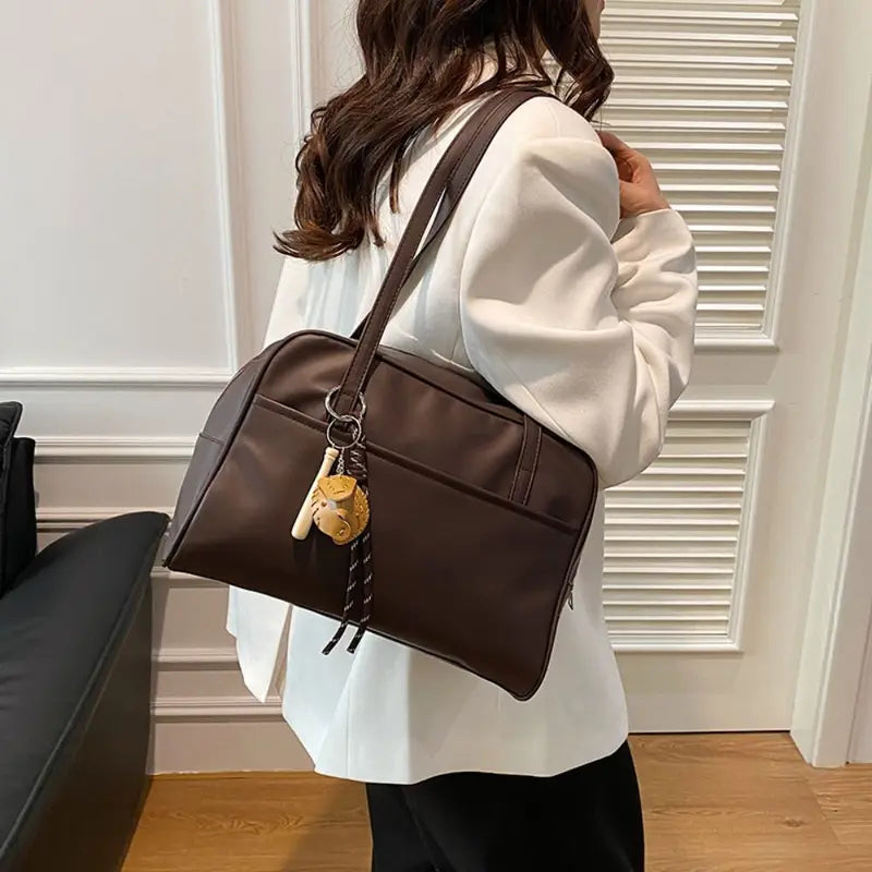 Large Capacity PU Leather Shoulder Bag with Pendant for Women