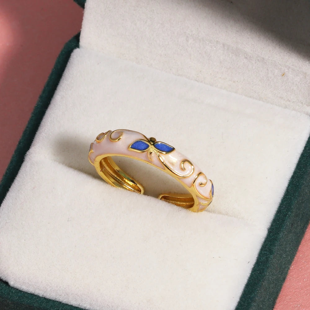 Vintage Enamel Flower Adjustable Ring for Women Wedding Jewelry